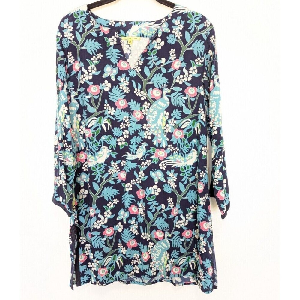 Trisha Tyler Top Womens Size M Blue Peacock Birds Tunic Colorful Eclectic Blouse